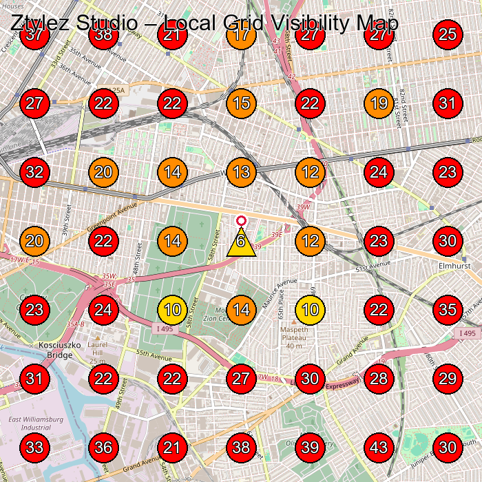 Ztylez Studio GeoGrid visibility map for Barber Shop in Queens